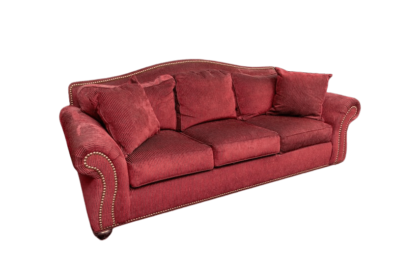 an Ethan Allen camel back upholstered sofa in a luxurious burgundy